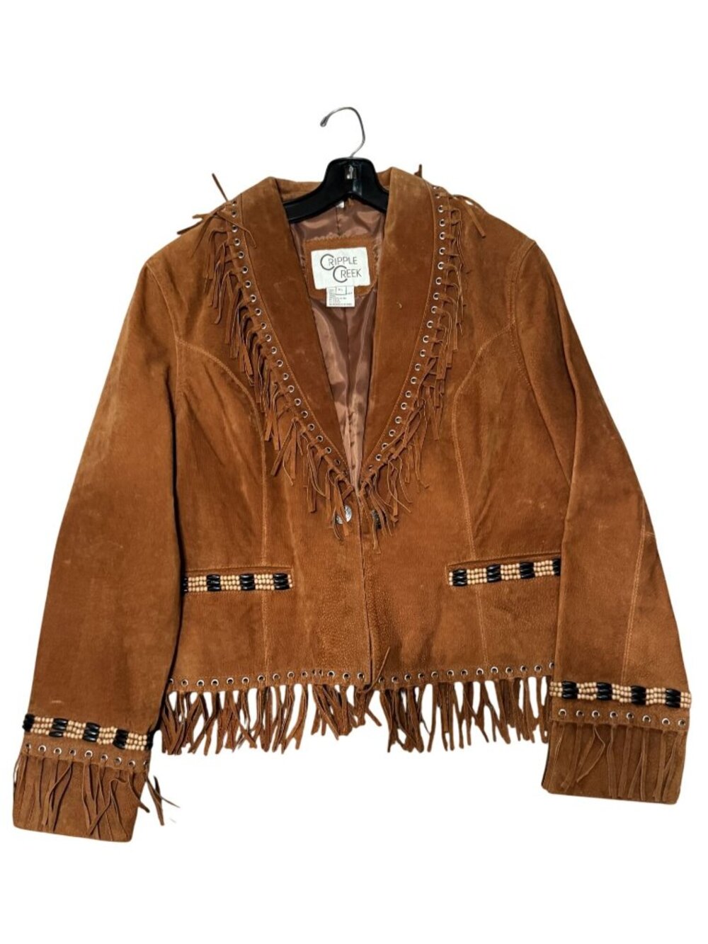 Cripple Creek Womens Western Suede Fringe Jacket Beaded Trim Brown XL 23" Vintag - Picture 2 of 14
